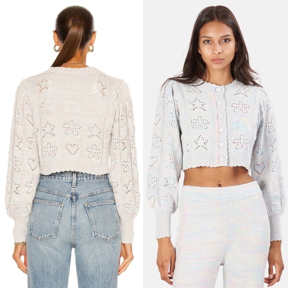 LOVESHACKFANCY Pastel Rainbow Star & Heart Pointelle Cropped Cardigan Sweater L - Picture 7 of 13